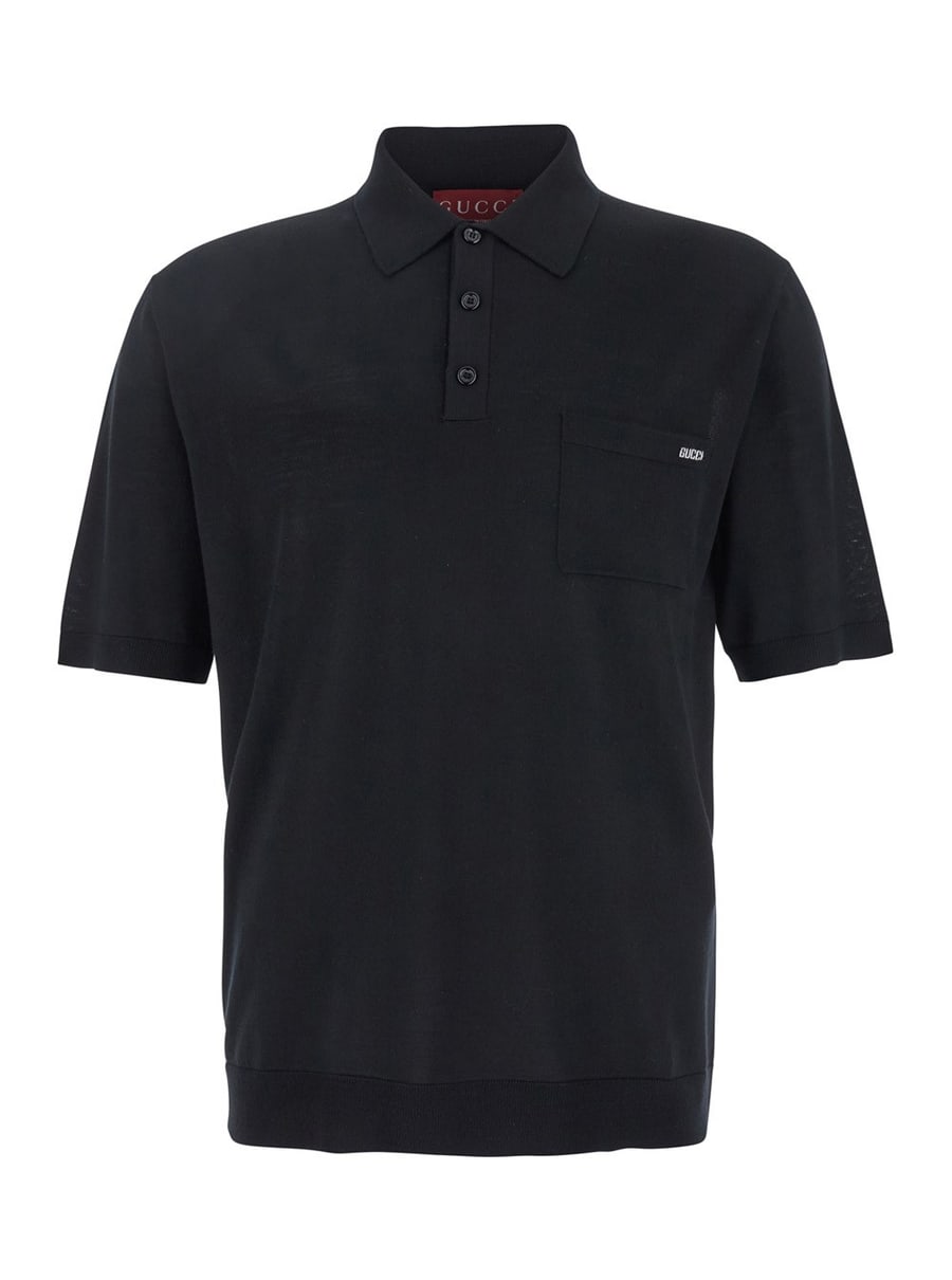 Gucci Polo con Tasca sul Petto e Logo Ricamato sul Fronte in Maglia di Seta Fine Nera Uomo