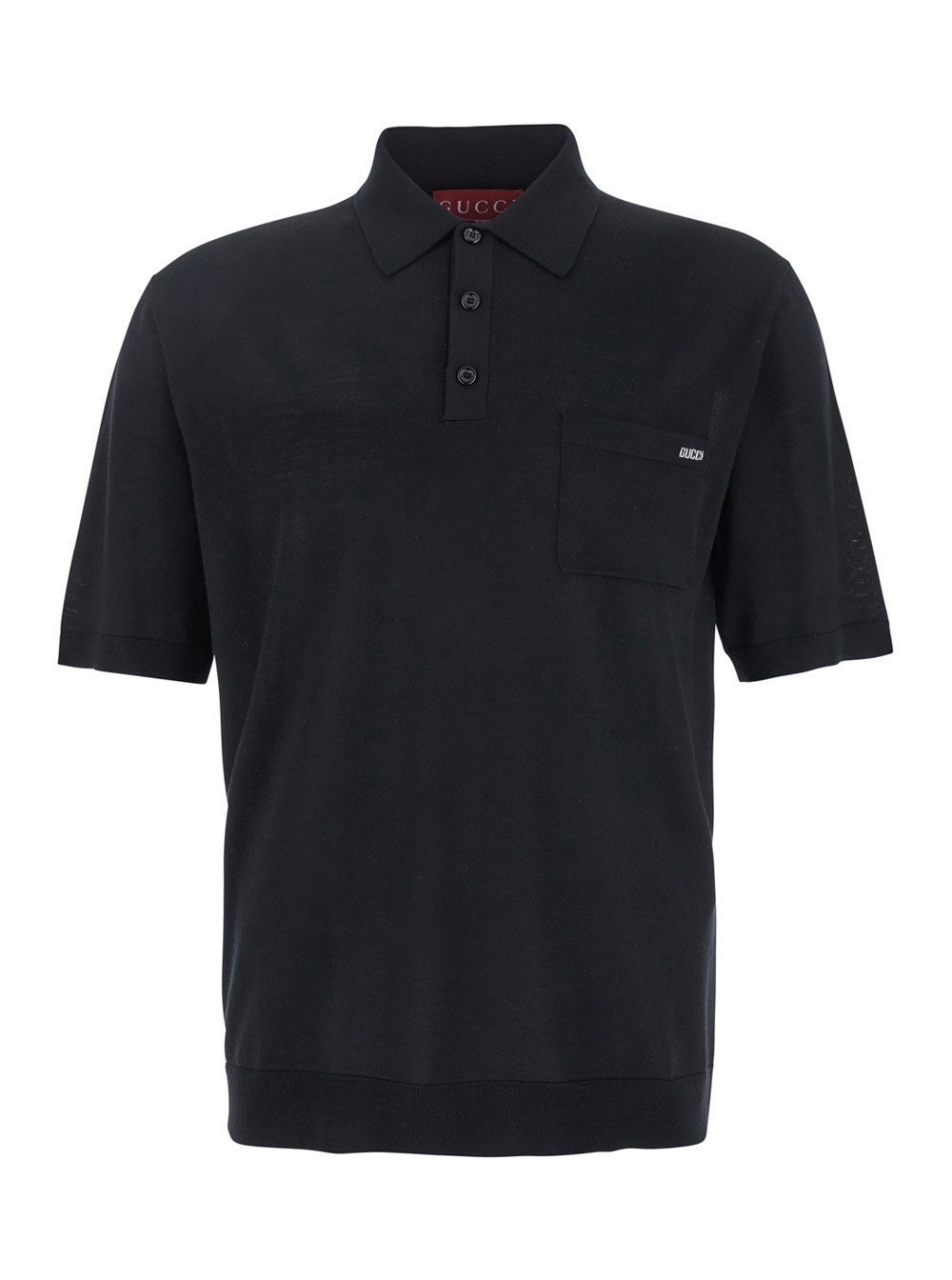 Gucci Polo con Tasca sul Petto e Logo Ricamato sul Fronte in Maglia di Seta Fine Nera Uomo