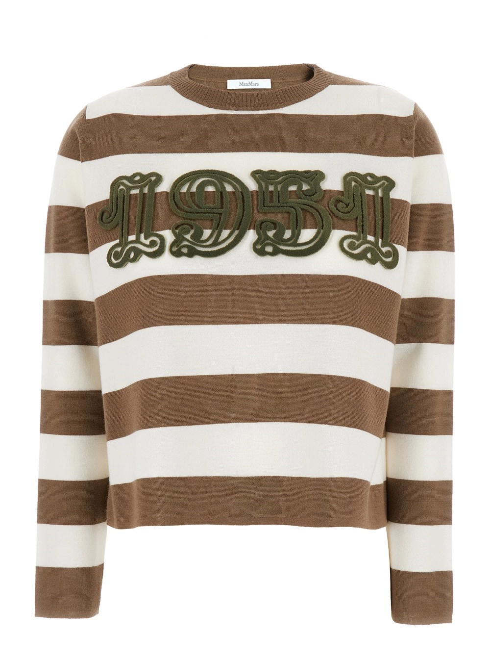 Max Mara Maglione 'Viterbo' Girocollo con Ricamo sul Fronte e Motivo a Righe All-Over in Lana Beige Donna