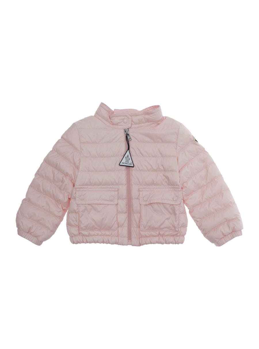 Moncler kids Piumino 'Lans' Girocollo con Patch Logo sulla Manica e Placca Logo su Tiralampo in Tessuto Tecnico Rosa Baby