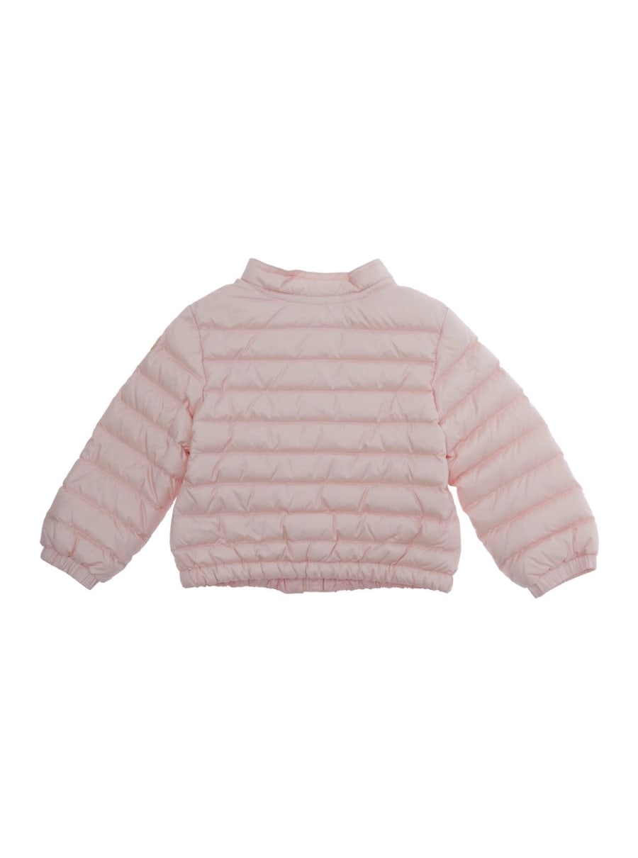 Moncler kids Piumino 'Lans' Girocollo con Patch Logo sulla Manica e Placca Logo su Tiralampo in Tessuto Tecnico Rosa Baby, view 2