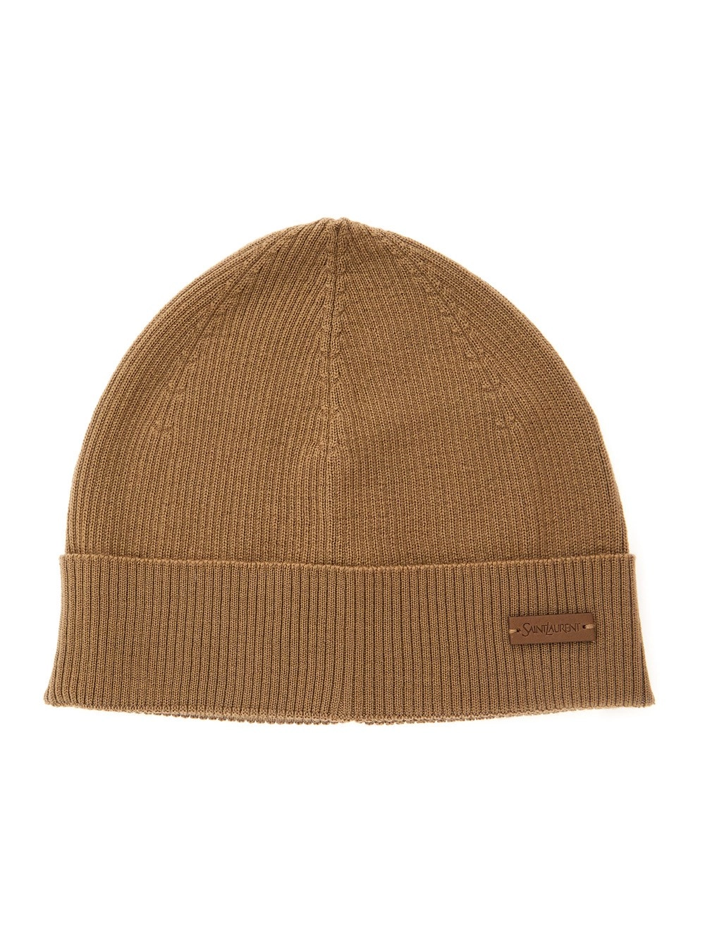 Saint Laurent Berretto con Patch Logo sul Fronte e Lavorazione a Maglia in Lana Beige Donna
