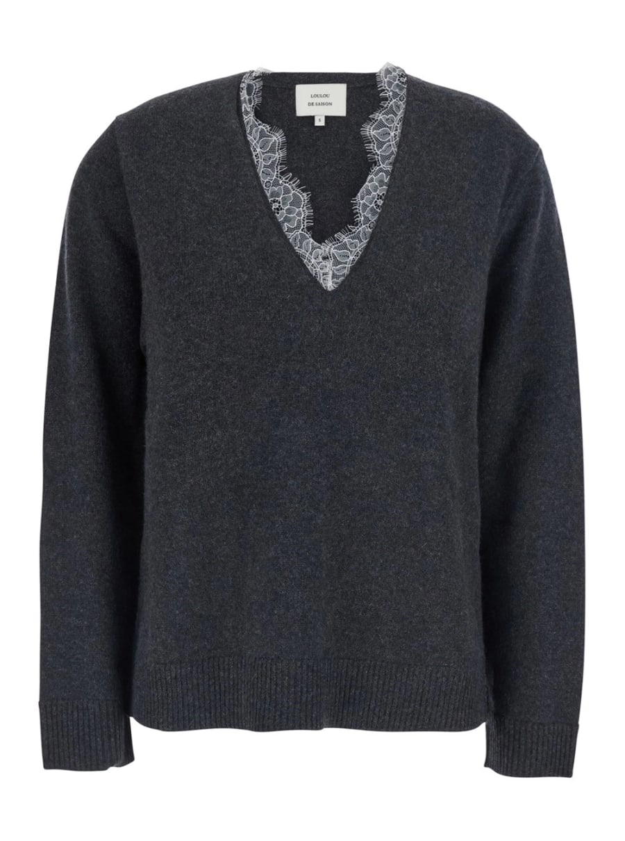 Loulou de saison Maglione 'Leyla' con scollo a V e dettagli in pizzo in cashmere grigio donna