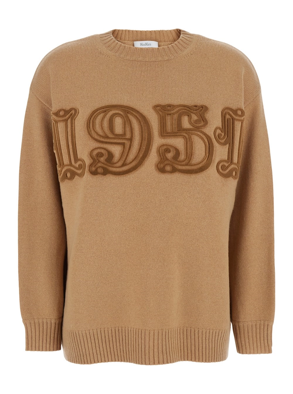 Max Mara Maglione Girocollo con Ricamo sul Fronte in Misto Lana e Cashmere Beige Donna