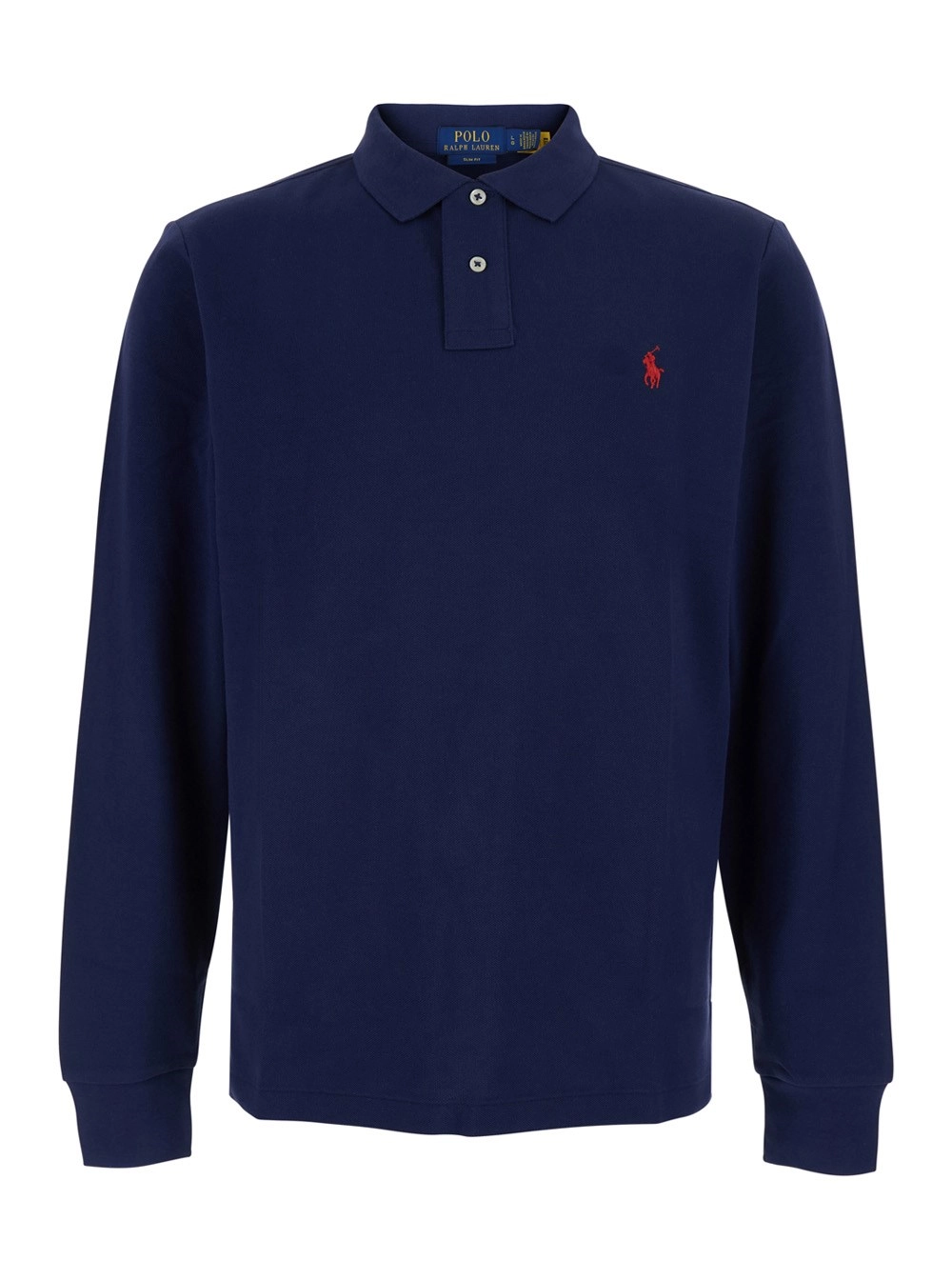 Polo Ralph Lauren Polo 'Slim Fit' con Maniche Lunghe e Ricamo Cavallino sul Fronte in Cotone Blu Uomo