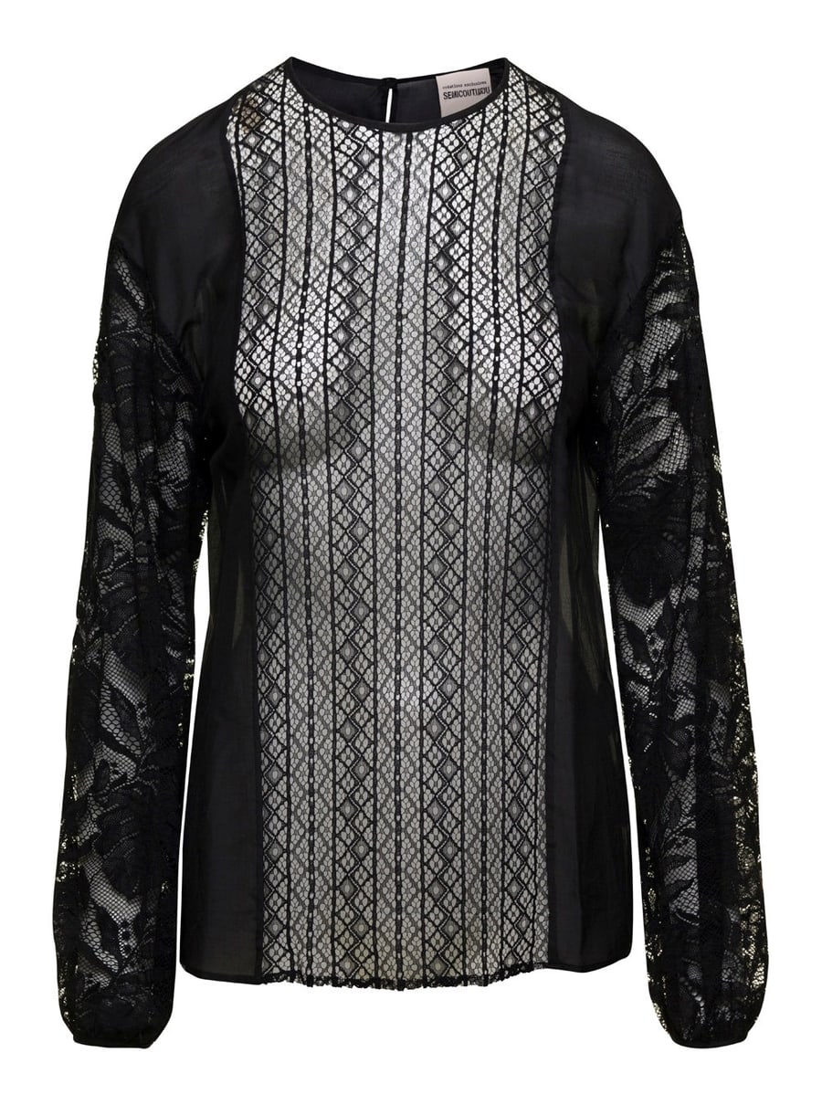 Semicouture Blusa Girocollo in Cotone e Seta Nera Donna