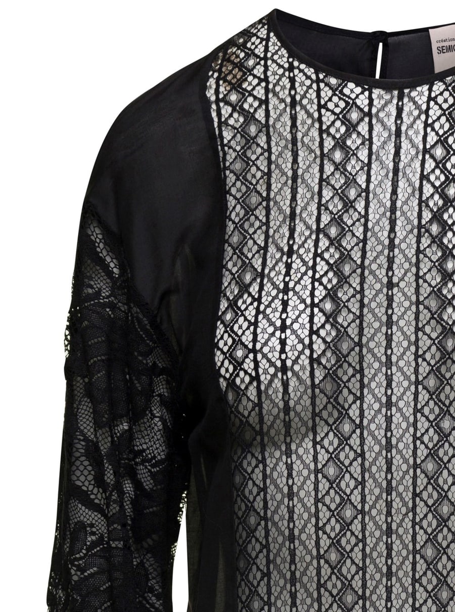 Semicouture Blusa Girocollo in Cotone e Seta Nera Donna, view 3