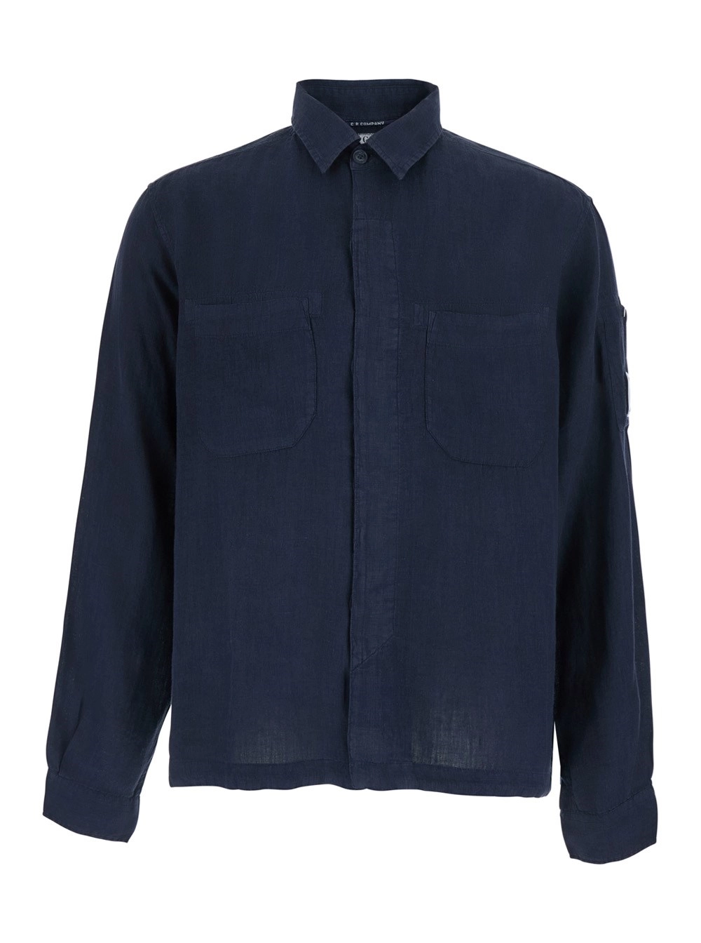 C.P. Company Camicia con Collo Classico e Placca Logo sulla Manica in Lino Blu Uomo