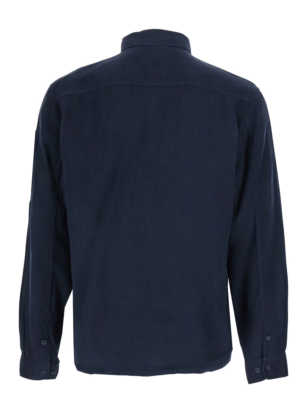 C.P. Company Camicia con Collo Classico e Placca Logo sulla Manica in Lino Blu Uomo, view 2