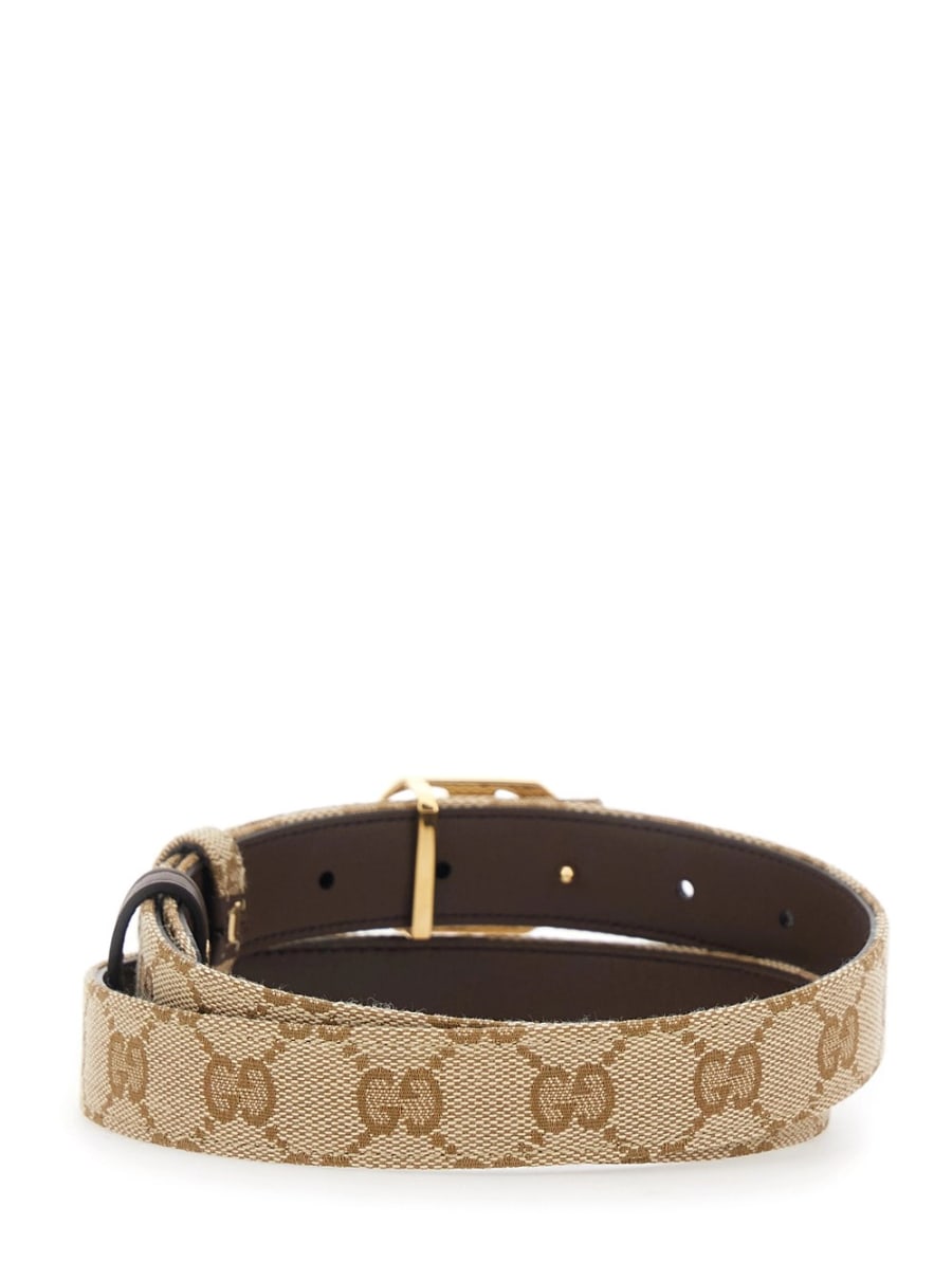 Gucci Cintura reversibile con fibbia GG in Tessuto GG e pelle beige donna, view 3