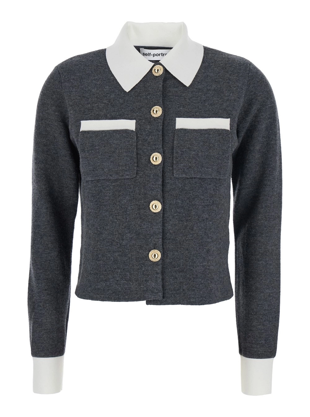 self-portrait Cardigan Crop con Colletto a Contrasto e Due Tasche Applicate sul Fronte in Misto Lana Grigio Donna