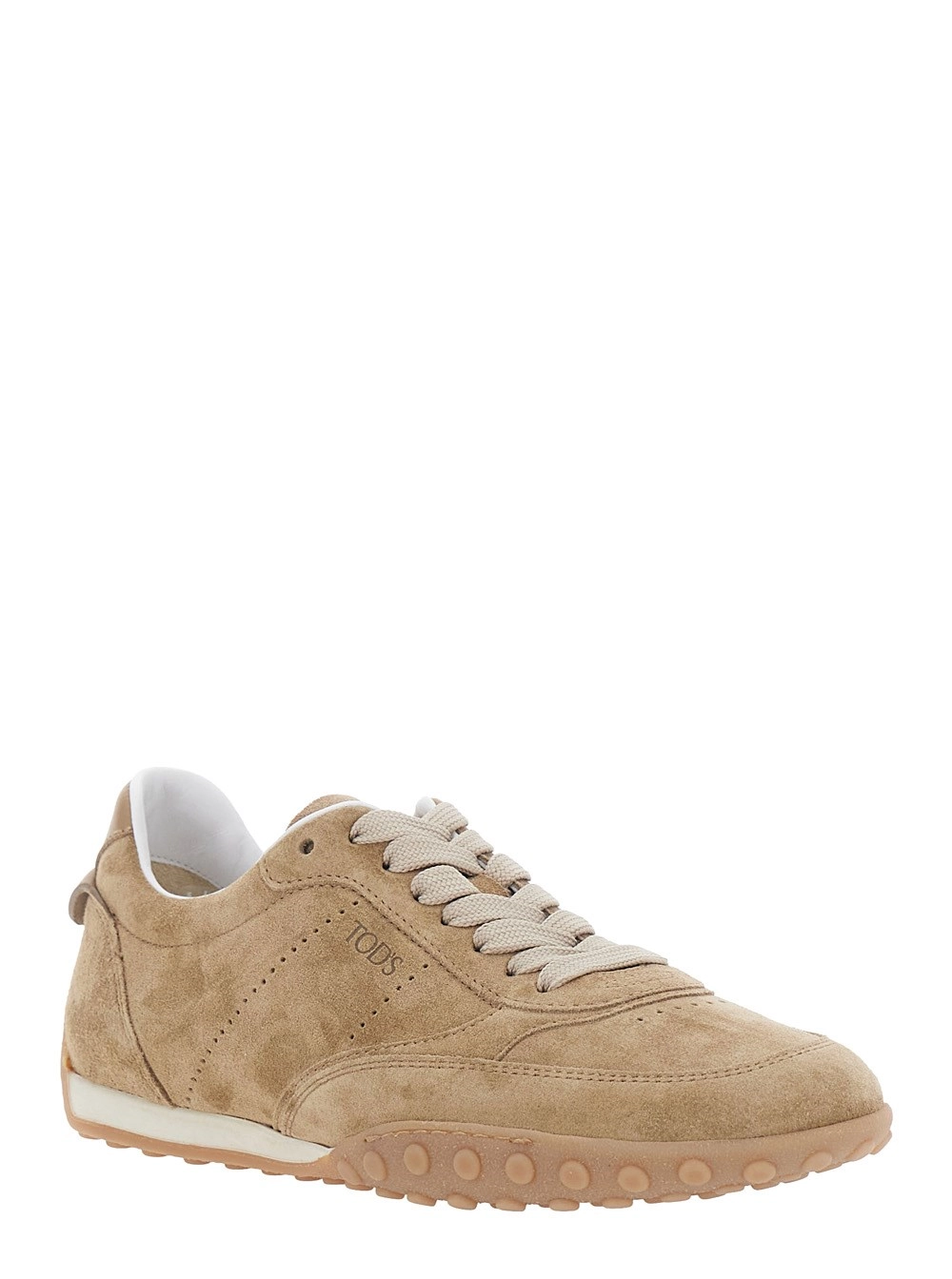 Tod's Sneakers Low Top con Logo Lettering su Linguetta e Tallone in Pelle Scamosciata Beige Donna, view 2
