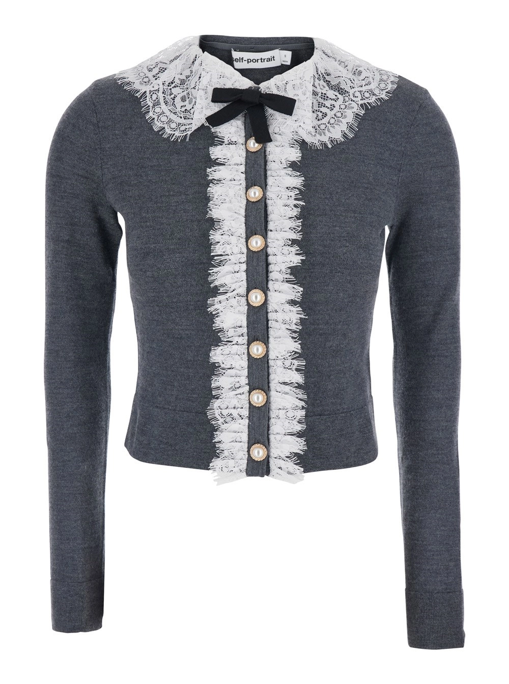 self-portrait Cardigan grigio con colletto con dettagli in pizzo in lana grigio donna