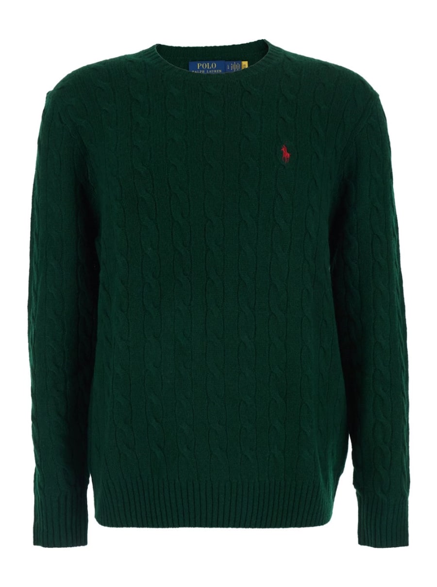 Polo Ralph Lauren Maglione Girocollo con Ricamo Cavallino sul Fronte e Lavorazione a Treccia in Lana e Cashmere Verde Uomo