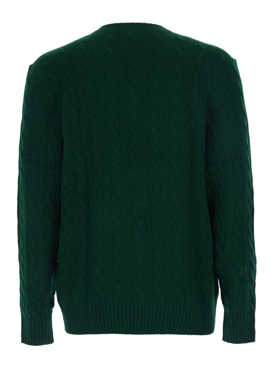 Polo Ralph Lauren Maglione Girocollo con Ricamo Cavallino sul Fronte e Lavorazione a Treccia in Lana e Cashmere Verde Uomo, view 2