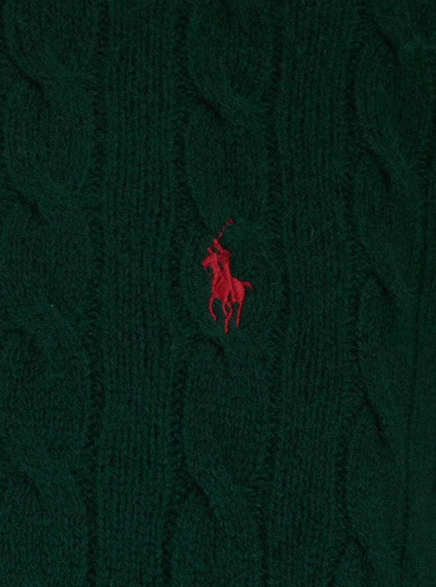 Polo Ralph Lauren Maglione Girocollo con Ricamo Cavallino sul Fronte e Lavorazione a Treccia in Lana e Cashmere Verde Uomo, view 3