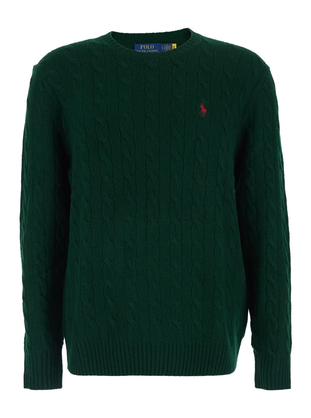 Polo Ralph Lauren Maglione Girocollo con Ricamo Cavallino sul Fronte e Lavorazione a Treccia in Lana e Cashmere Verde Uomo