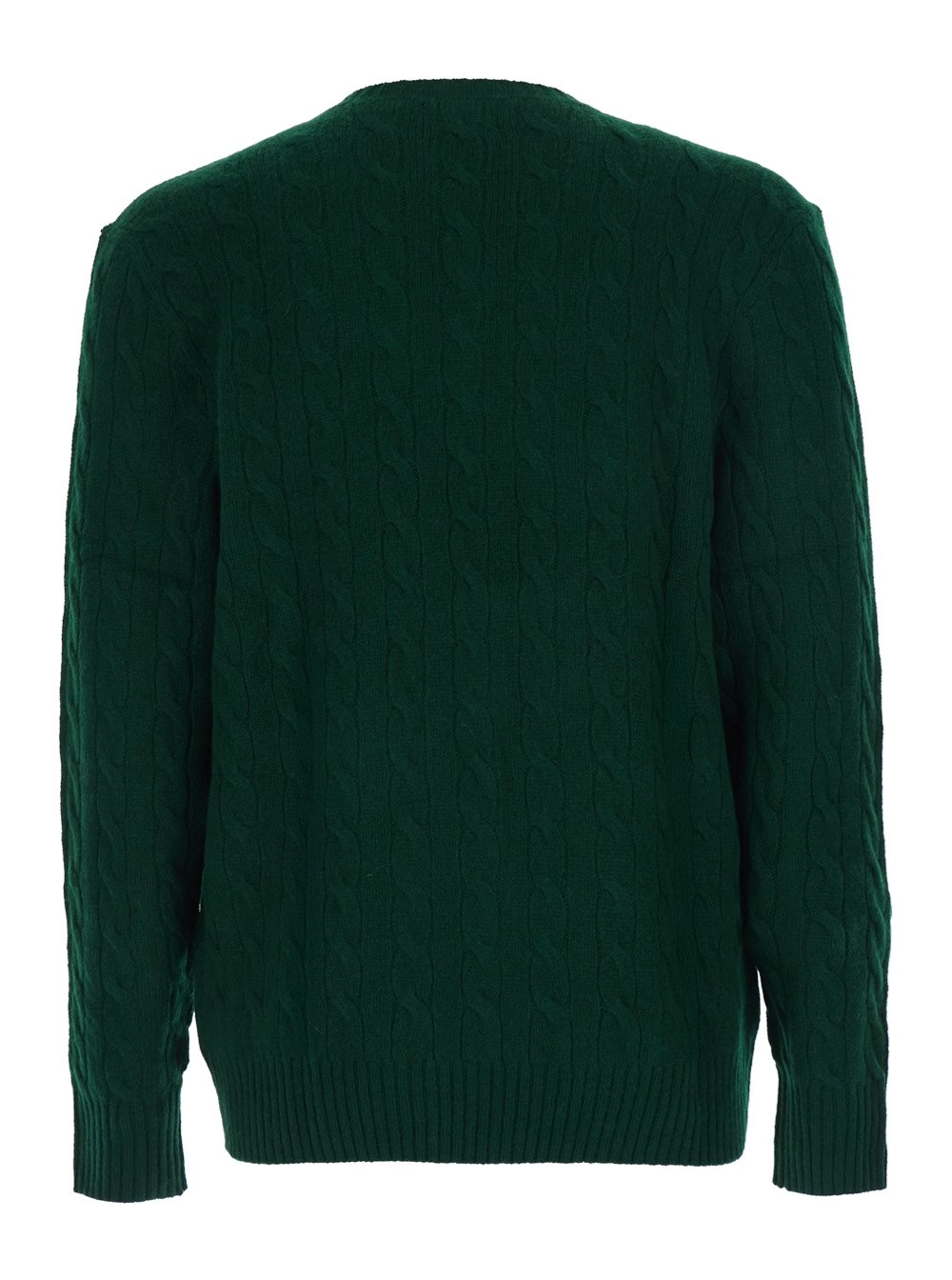 Polo Ralph Lauren Maglione Girocollo con Ricamo Cavallino sul Fronte e Lavorazione a Treccia in Lana e Cashmere Verde Uomo, view 2