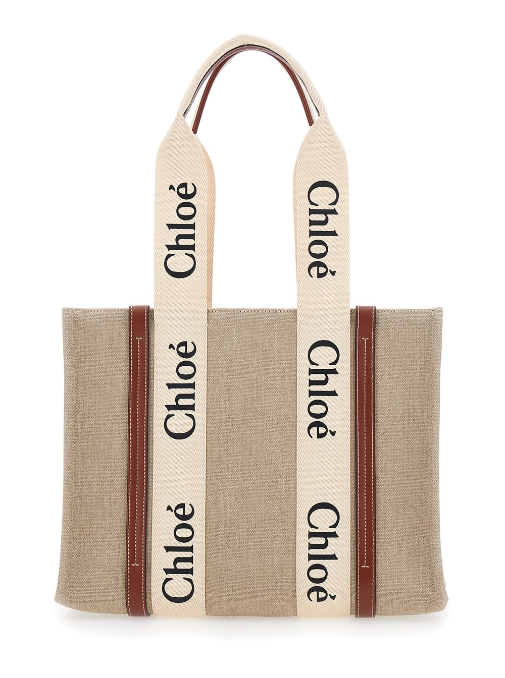 Chloé Borsa a Mano 'Medium Woody' con Logo Lettering sul Fronte in Lino Beige Donna
