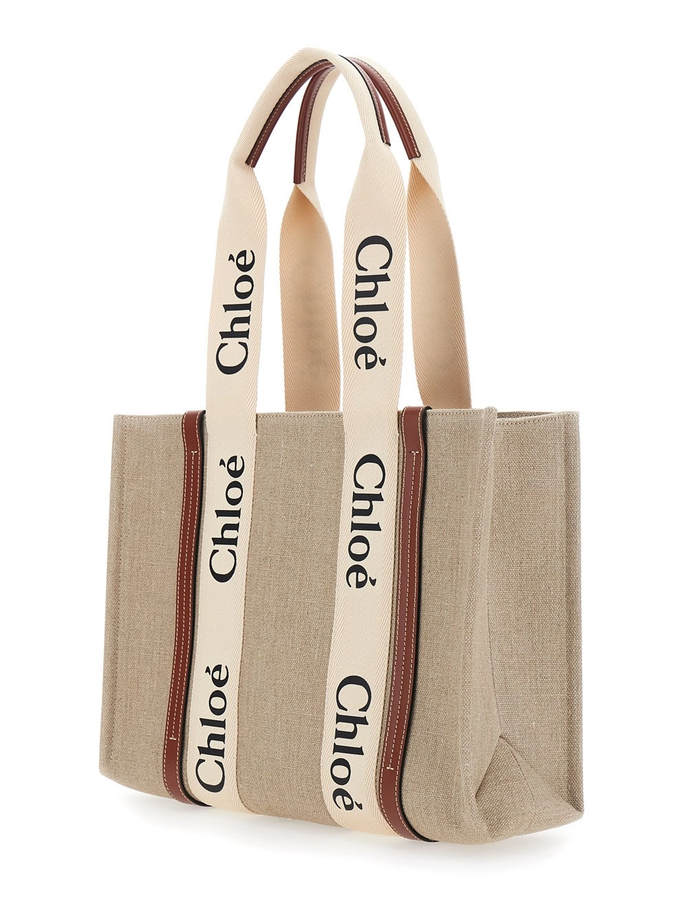 Chloé Borsa a Mano 'Medium Woody' con Logo Lettering sul Fronte in Lino Beige Donna, view 2