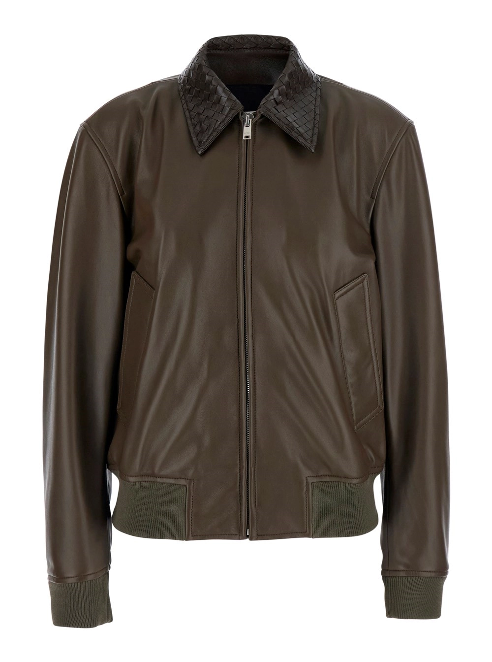 Bottega Veneta Giubbotto con colletto con motivo Intrecciato in pelle verde scuro per donna