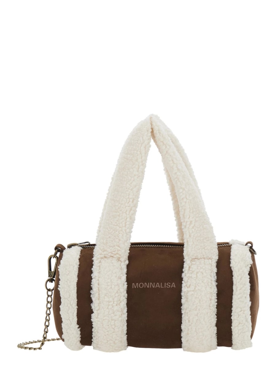 Monnalisa kids Borsa a Spalla con Manici in Pelliccia e Logo Lettering sul Fronte in Tessuto Tecnico Marrone Bambina