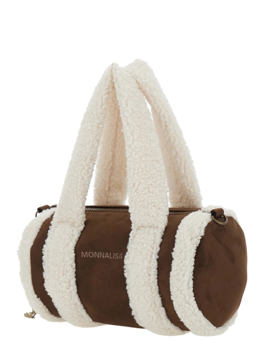 Monnalisa kids Borsa a Spalla con Manici in Pelliccia e Logo Lettering sul Fronte in Tessuto Tecnico Marrone Bambina, view 2
