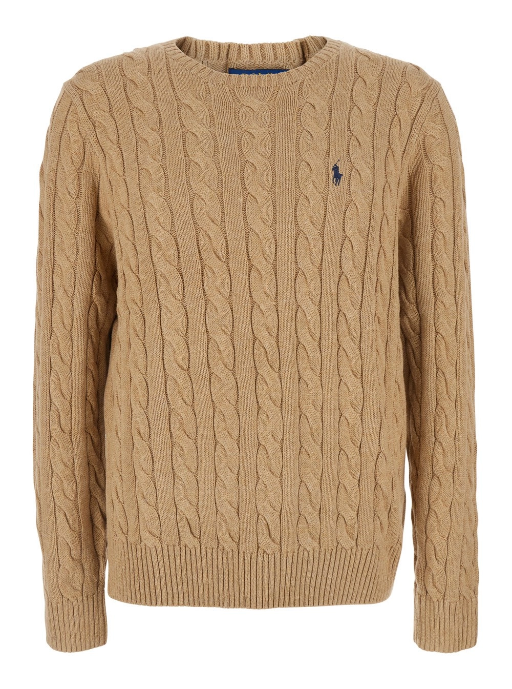 Polo Ralph Lauren Maglione Girocollo con Patch Cavallino  sul Fronte e Lavorazione a Maglia in Cotone Beige Uomo