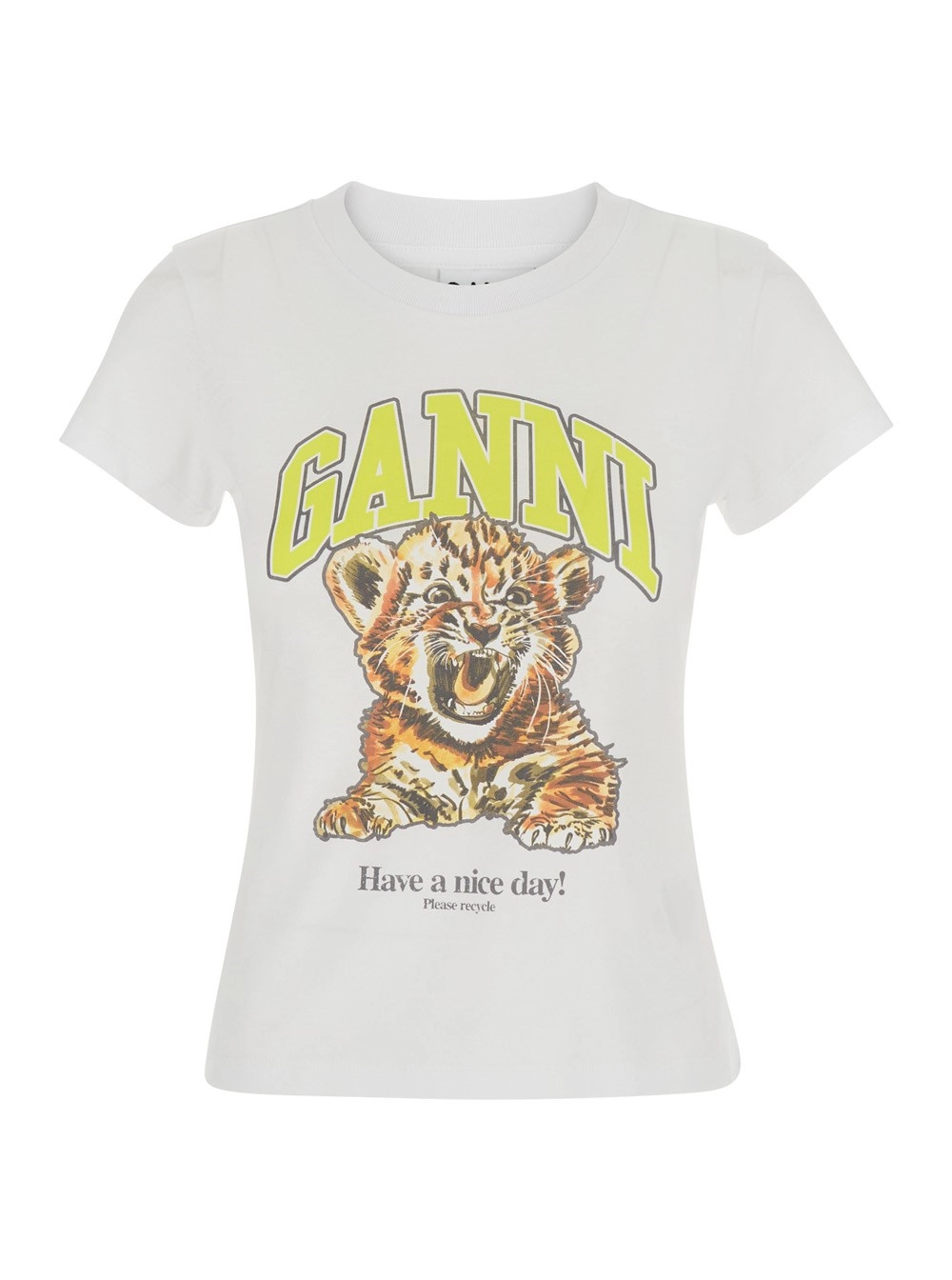 Ganni T-shirt con scollo rotondo e maxi stampa sul fronte in cotone bianca donna