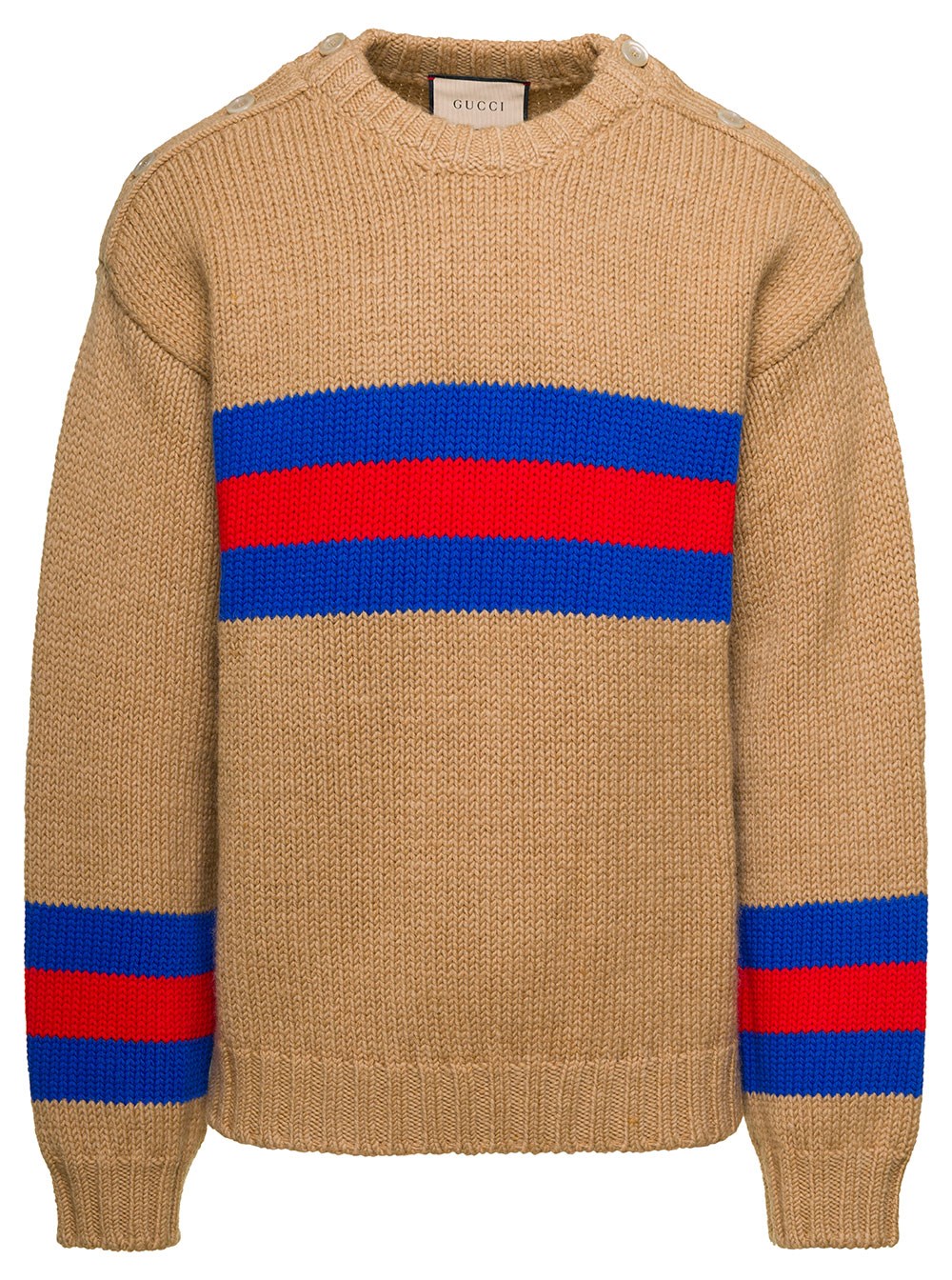 Gucci Maglione Girocollo con Intarsio Web in Lana e Mohair Cammello Uomo