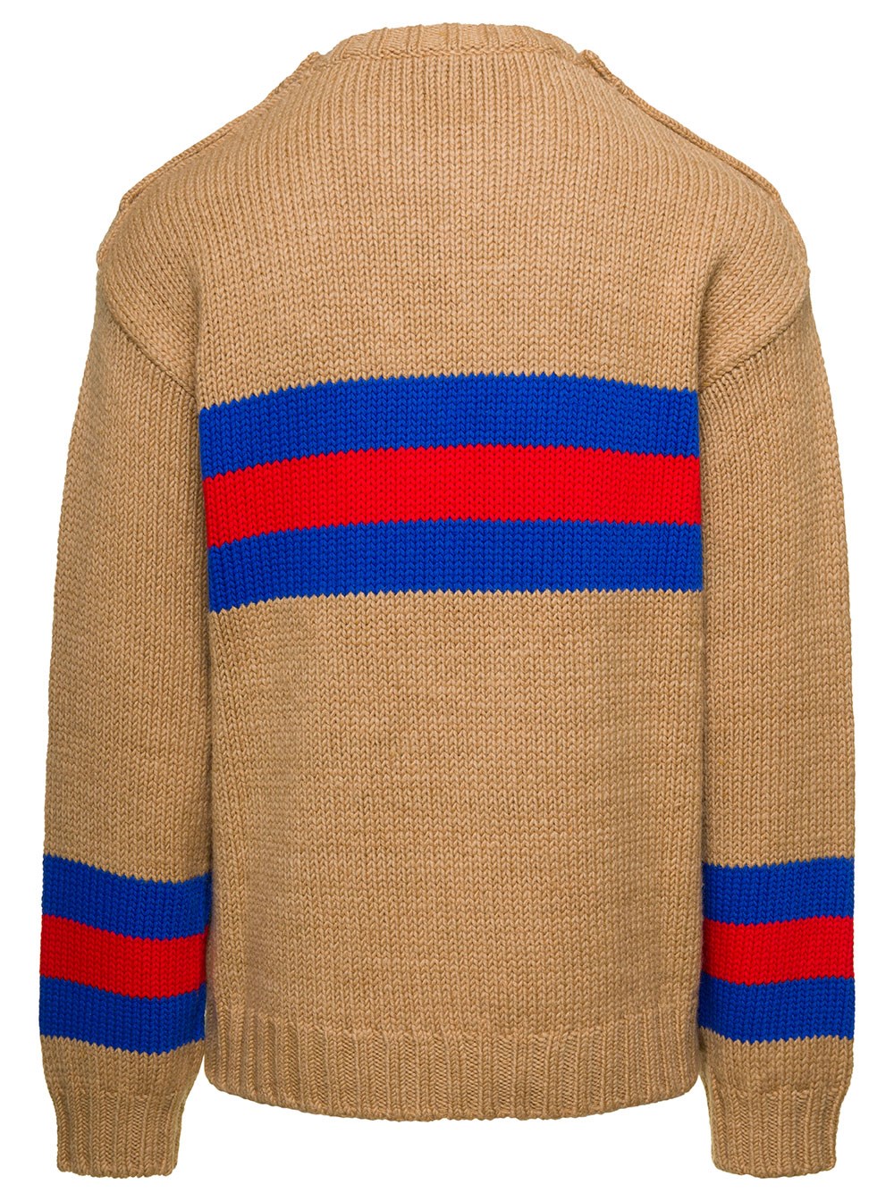 Gucci Maglione Girocollo con Intarsio Web in Lana e Mohair Cammello Uomo, view 2