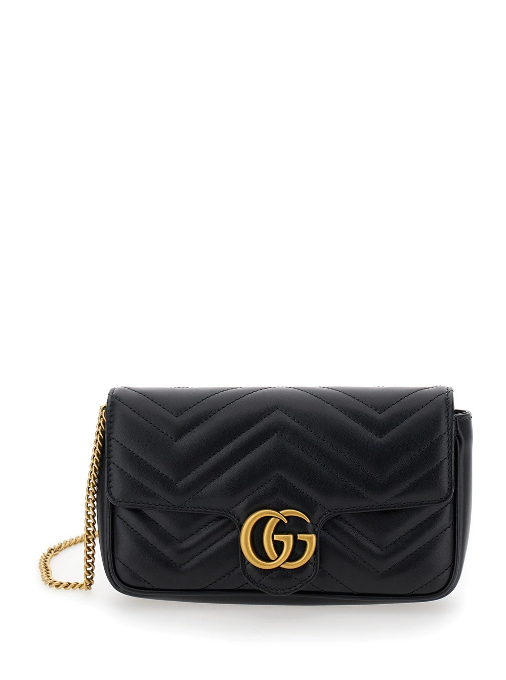 Gucci Mini Borsa a Tracolla 'GG Marmont 2.0' con Doppia G in Pelle Chevron Nera Donna