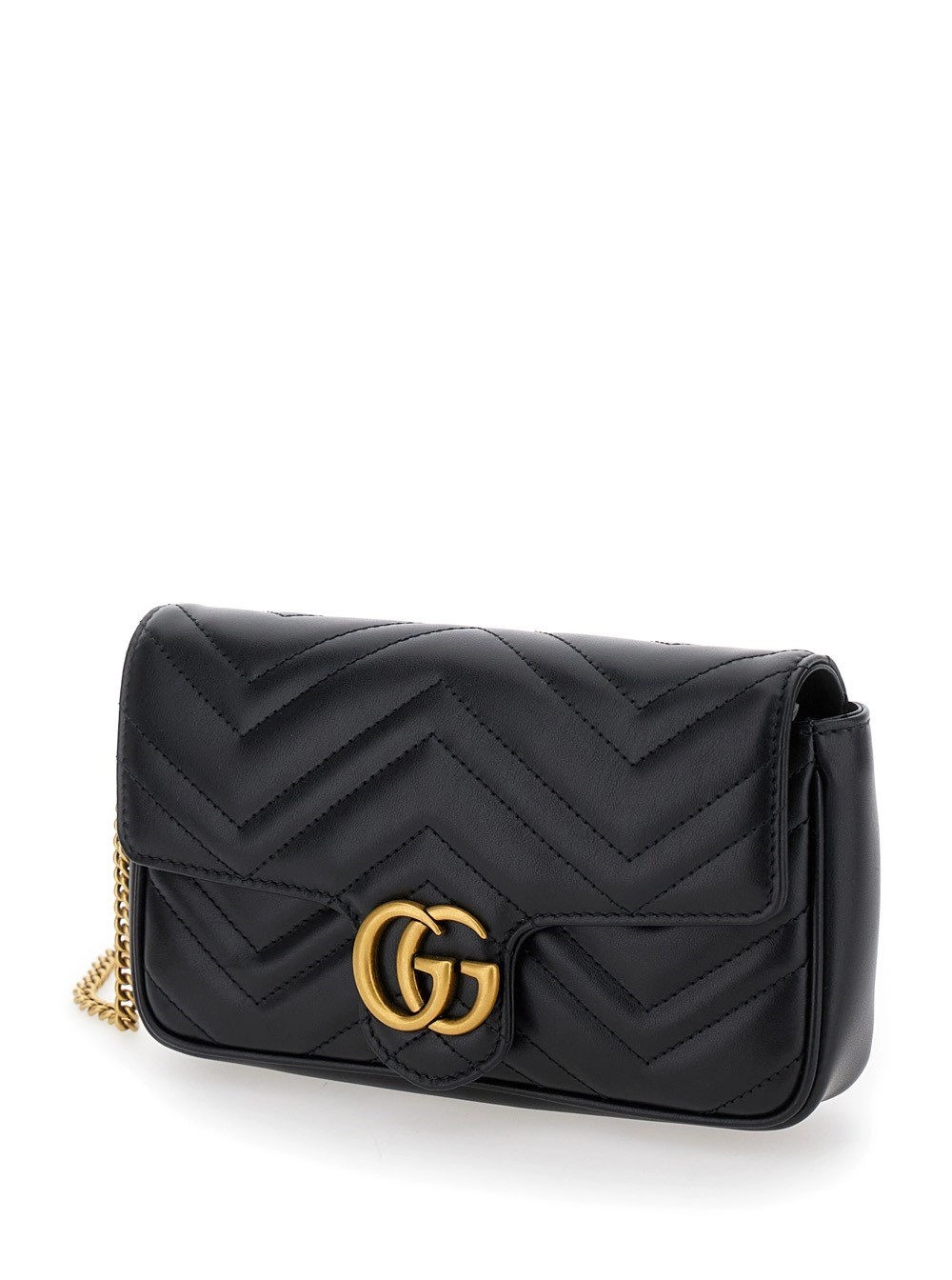 Gucci Mini Borsa a Tracolla 'GG Marmont 2.0' con Doppia G in Pelle Chevron Nera Donna, view 2