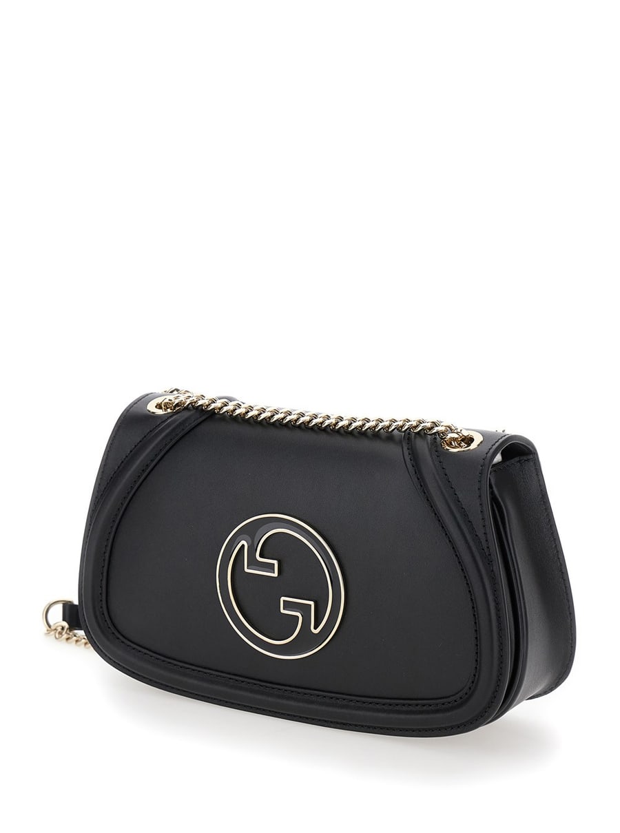 Gucci Borsa a Mano 'Blondie Piccola' con Incrocio GG Metallico sul Fronte e Tracolla a Catena in Pelle Nera Donna, view 2