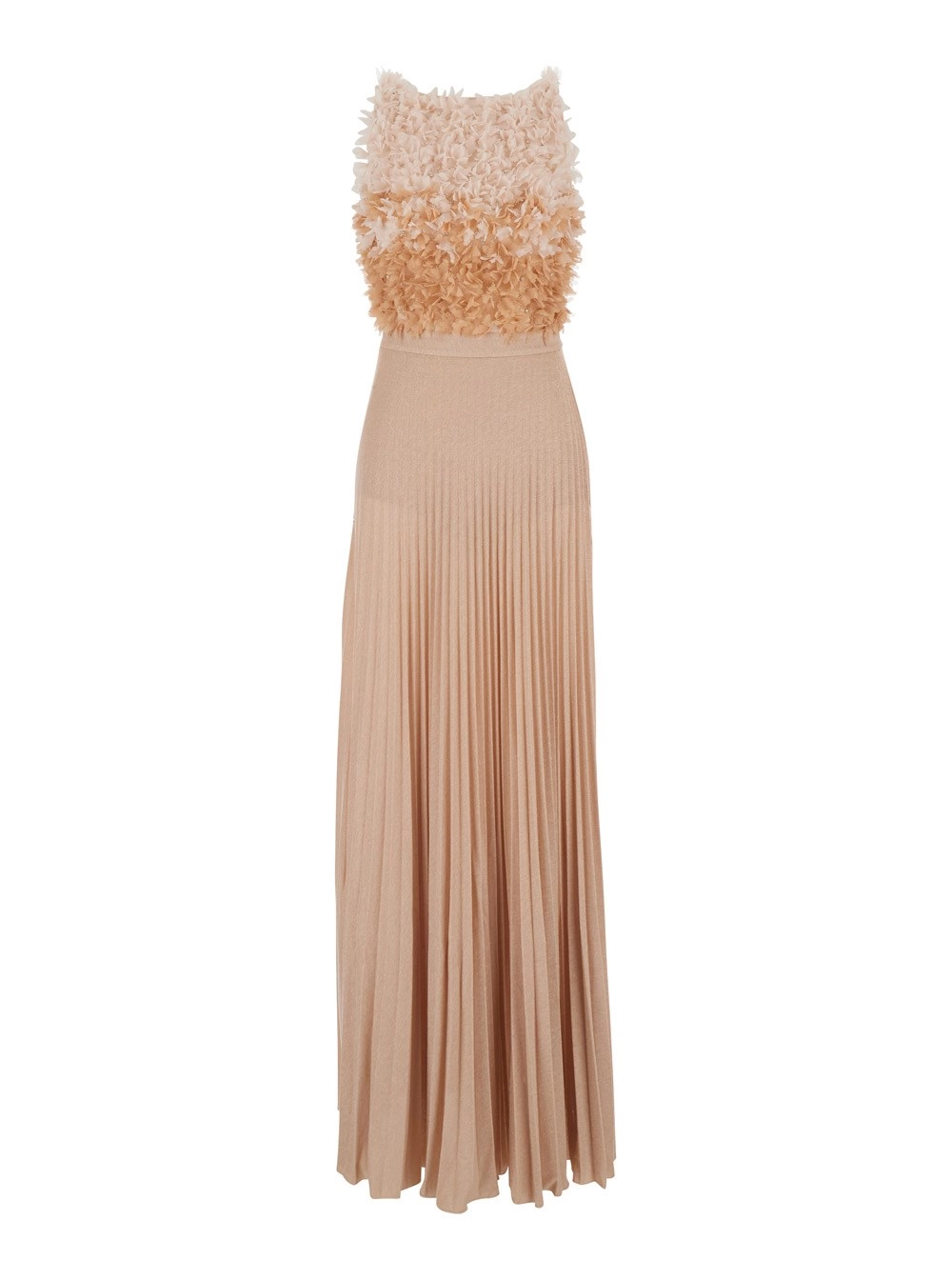 Elisabetta Franchi Abito lungo con scollo a V sul Retro e Dettagli con Ruches sul Fronte in Misto Viscosa Beige Donna