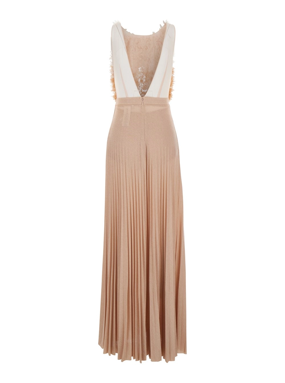 Elisabetta Franchi Abito lungo con scollo a V sul Retro e Dettagli con Ruches sul Fronte in Misto Viscosa Beige Donna, view 2