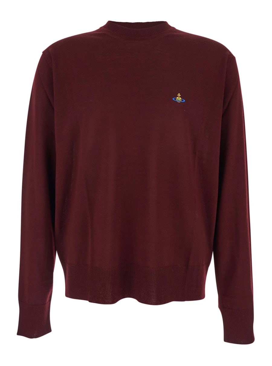 Vivienne Westwood Maglia Girocollo con Spalle Scese e Logo Orb sul Fronte in Misto Lana Bordeaux Uomo