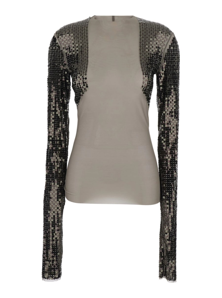 Rick Owens T-Shirt 'Dennis' Corta con Maniche Lunghe con Paillettes in Tessuto Tecnico Stretch Grigia Donna