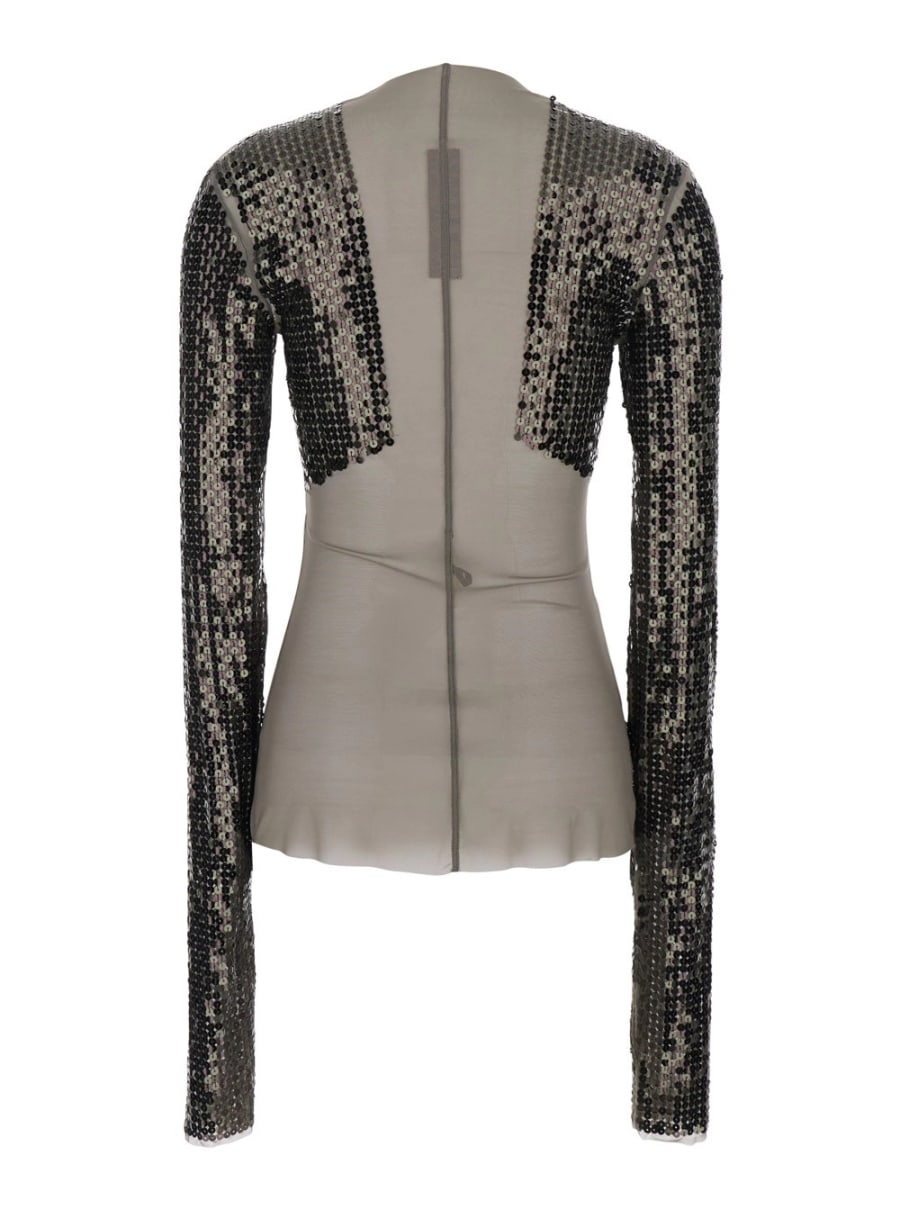 Rick Owens T-Shirt 'Dennis' Corta con Maniche Lunghe con Paillettes in Tessuto Tecnico Stretch Grigia Donna, view 2