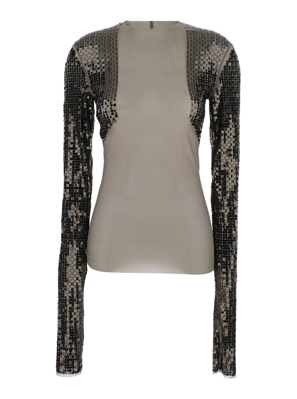 Rick Owens T-Shirt 'Dennis' Corta con Maniche Lunghe con Paillettes in Tessuto Tecnico Stretch Grigia Donna