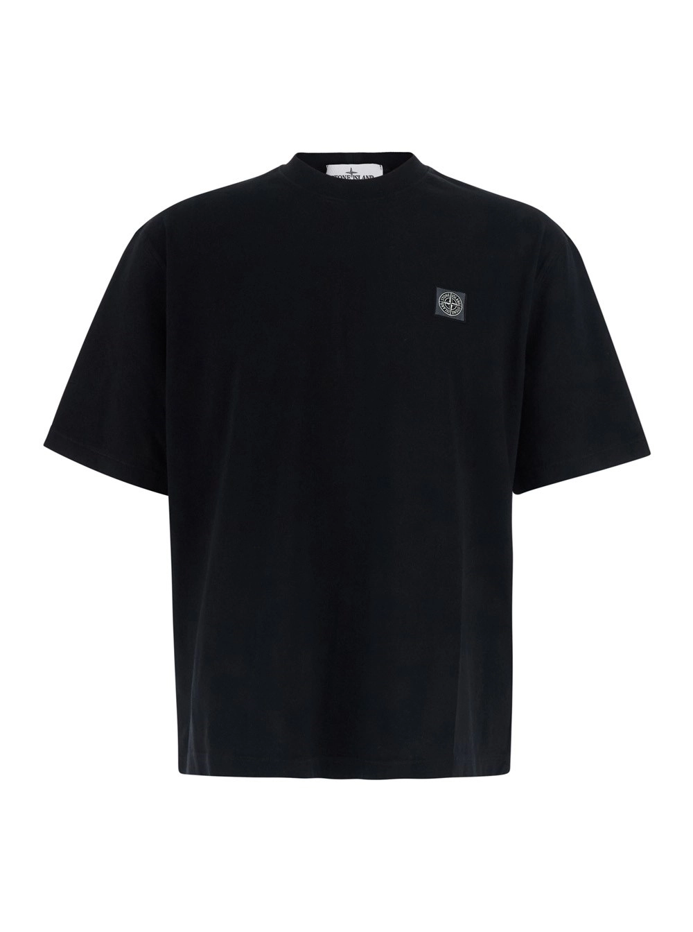 Stone Island GIROCOLLO MC PESANTE con maniche corte e patch, Tessuto Tecnico, Nero, Uomo