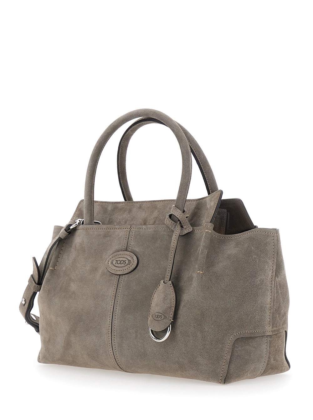Tod's Borsa a Mano con logo impresso sul fronte e tracolla regolabile e removibile in pelle scamosciata grigia donna, view 2