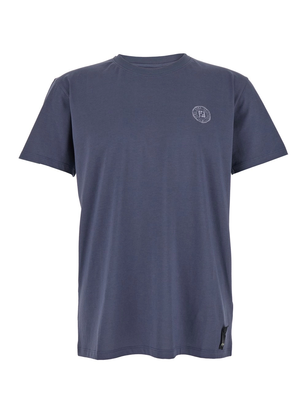 Fendi T-Shirt Girocollo con Stampa Logo sul Fronte e Patch Logo sul Retro in Cotone Blu Uomo