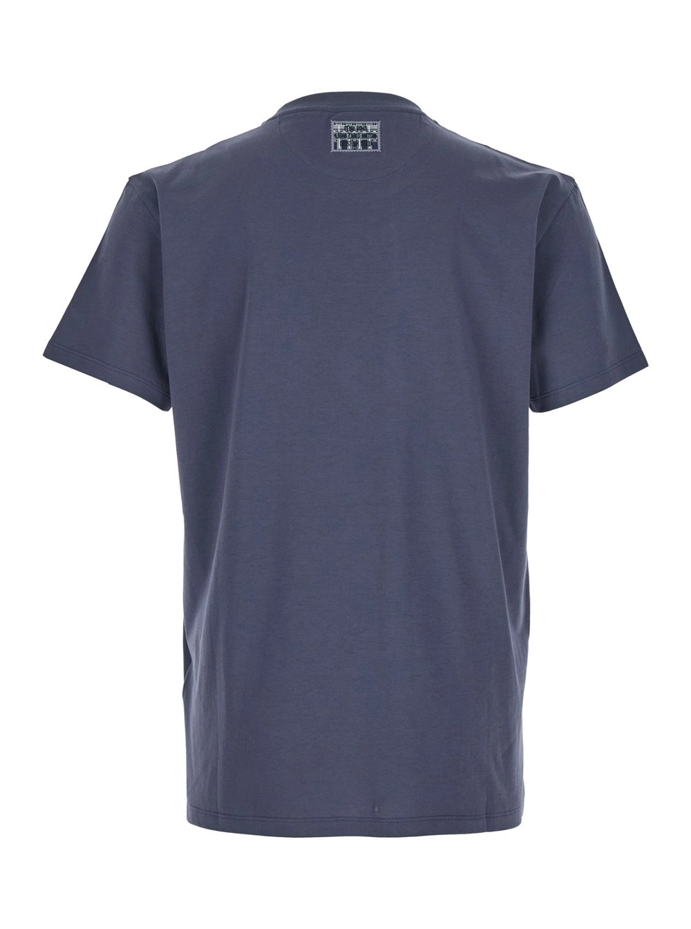 Fendi T-Shirt Girocollo con Stampa Logo sul Fronte e Patch Logo sul Retro in Cotone Blu Uomo, view 2