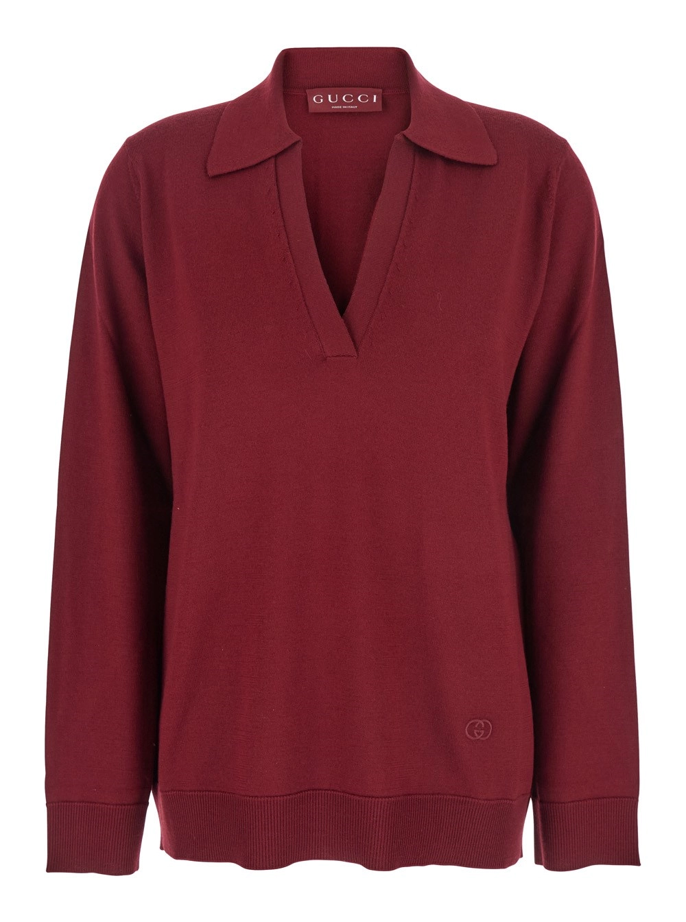 Gucci Maglione con Colletto Stile Polo e Logo GG sul Fronte in Lana Bordeaux Donna