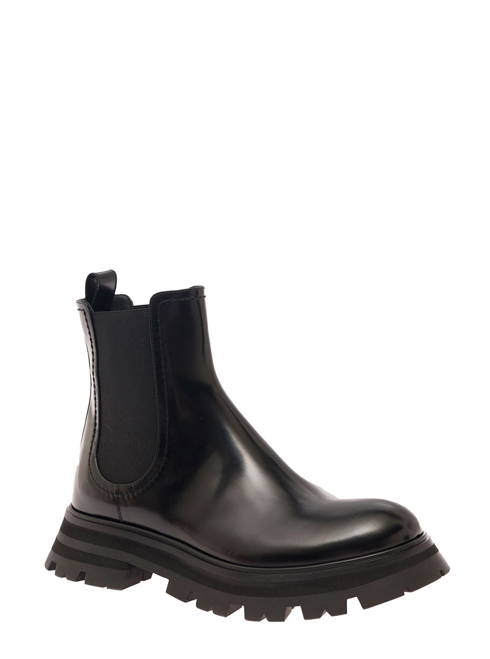 Alexander McQueen Stivaletti Chelsea con Inserto Elastico in Pelle Liscia Nera Donna