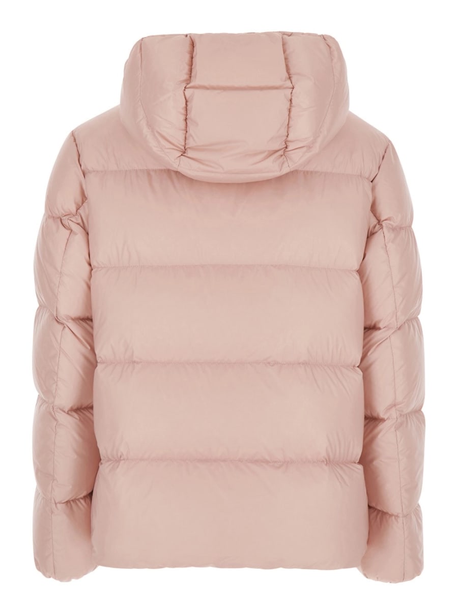 Moncler Piumino 'Feligule' con cappuccio removibile e patch logo sulla manica in tessuto tecnico rosa donna, view 2