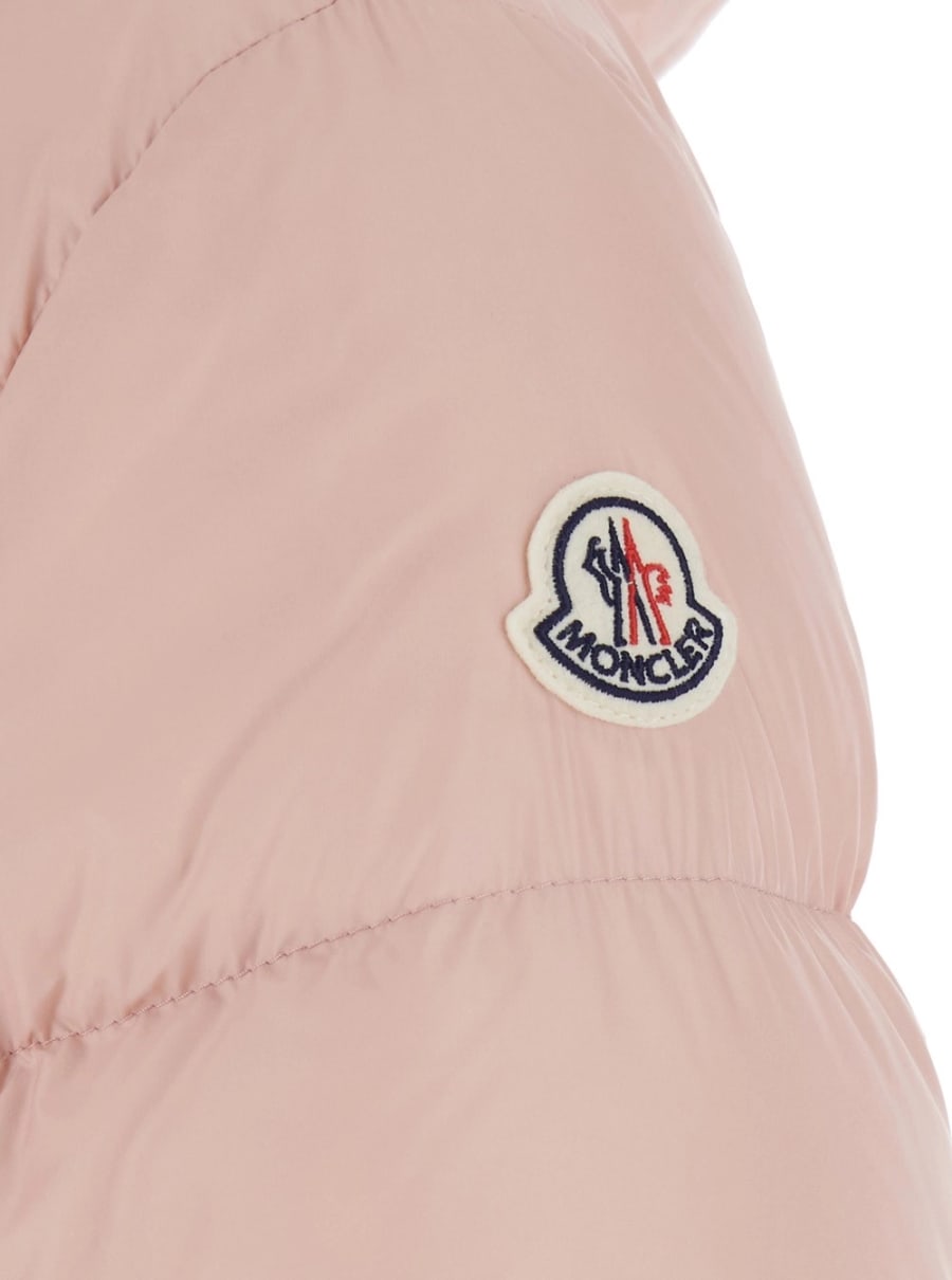 Moncler Piumino 'Feligule' con cappuccio removibile e patch logo sulla manica in tessuto tecnico rosa donna, view 3