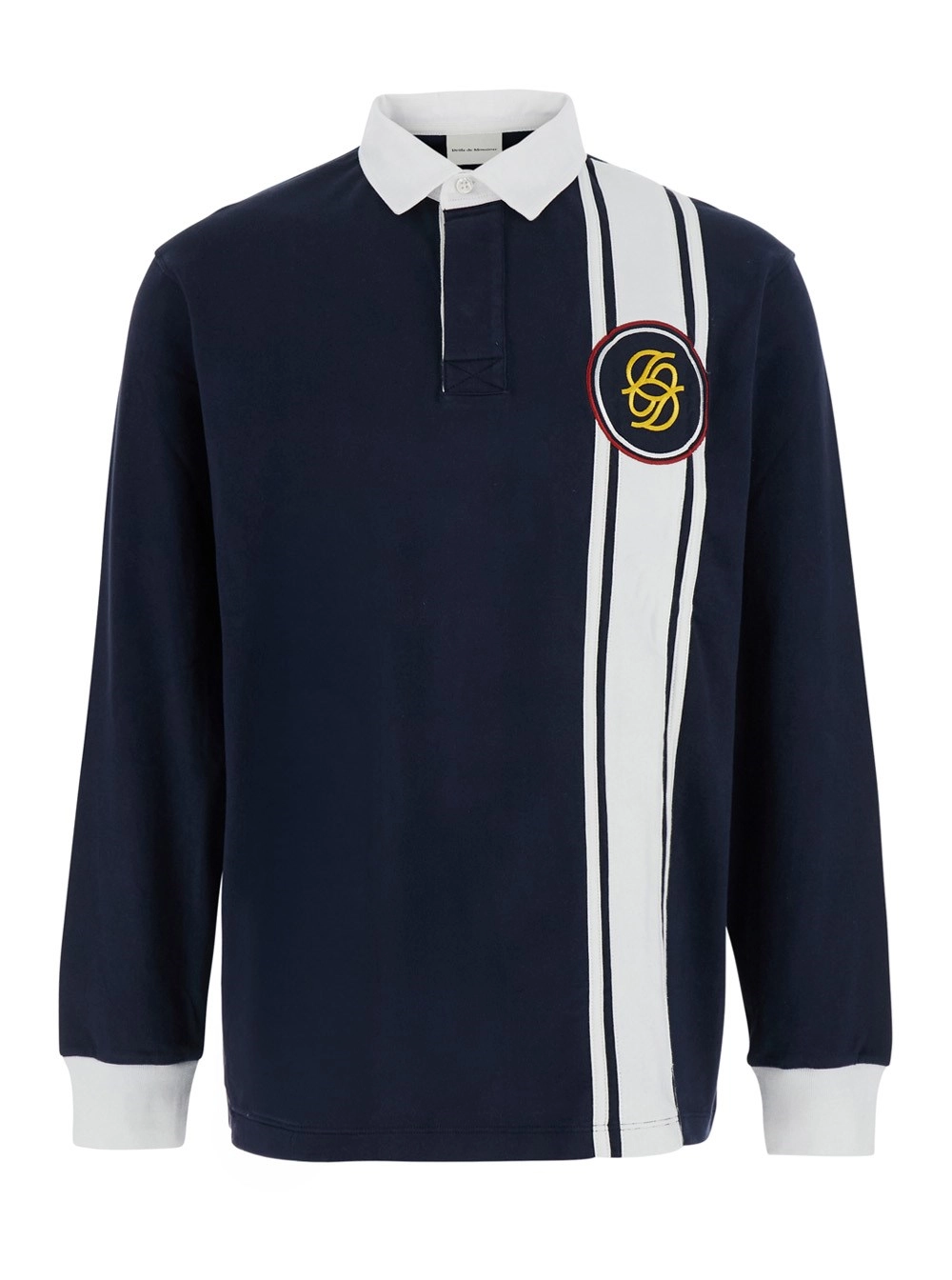 Drôle de monsieur Polo a maniche lunghe con ricamo logo sul fronte e dettaglio a righe verticali in cotone blu uomo