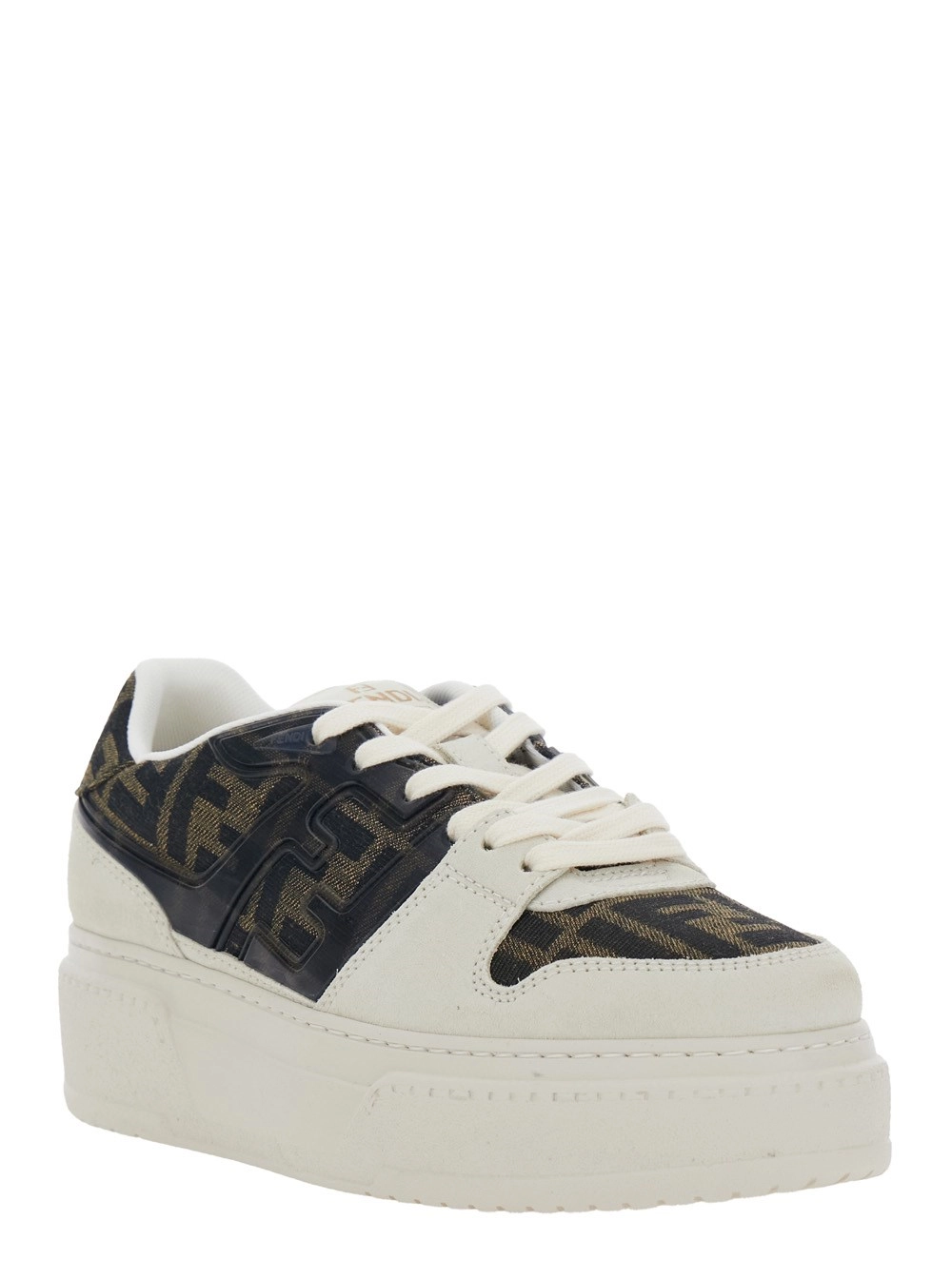 Fendi Sneaker 'Fendi Match' con Applicazione FF e Plateau in Pelle e Canvas Marroni Donna, view 2